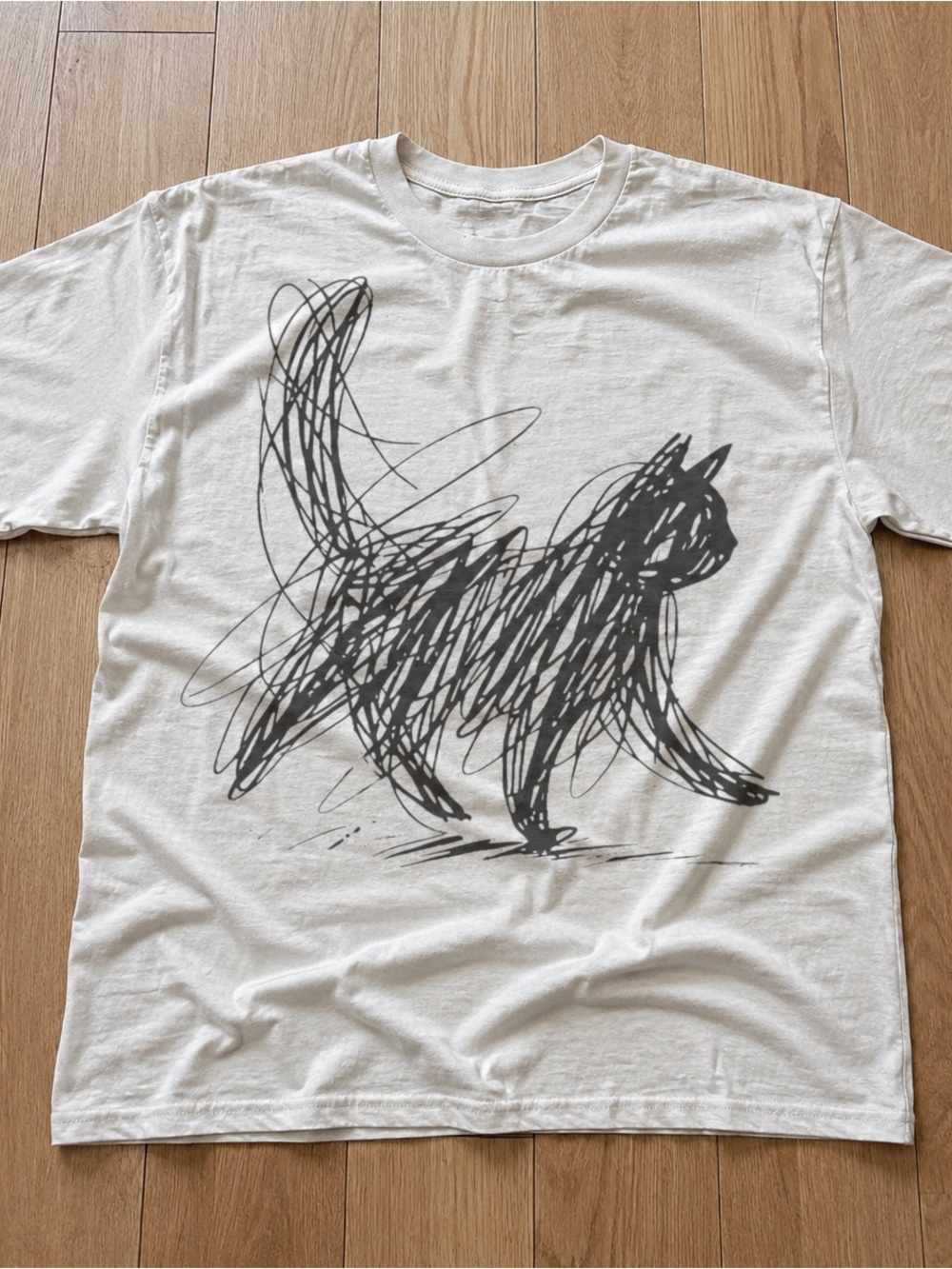 Gildan White Tee with Black Scribble Cat Graphic